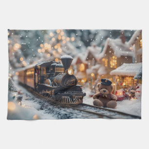 Magische Weihnachtsbahn-Szene mit Teddy Bear Geschirrtuch