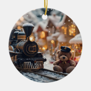 Magische Weihnachtsbahn-Szene mit Teddy Bear Keramik Ornament