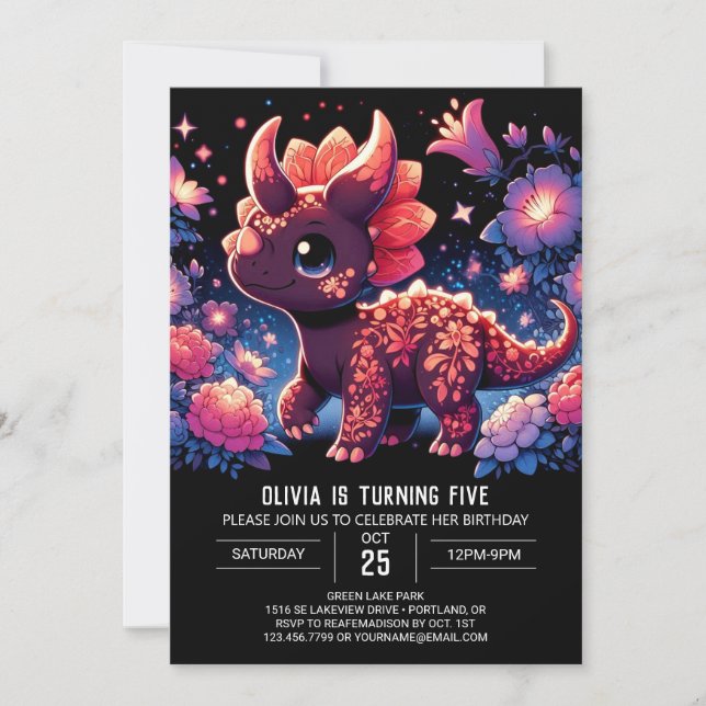 Magische Whimsical Dinosaur Digital Geburtstag Einladung (Vorderseite)