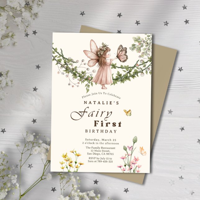 Magische Wildblume Butterfly Fairy erster Geburtst Einladung (Magical Wildflower Butterfly Fairy First Birthday Invitation)