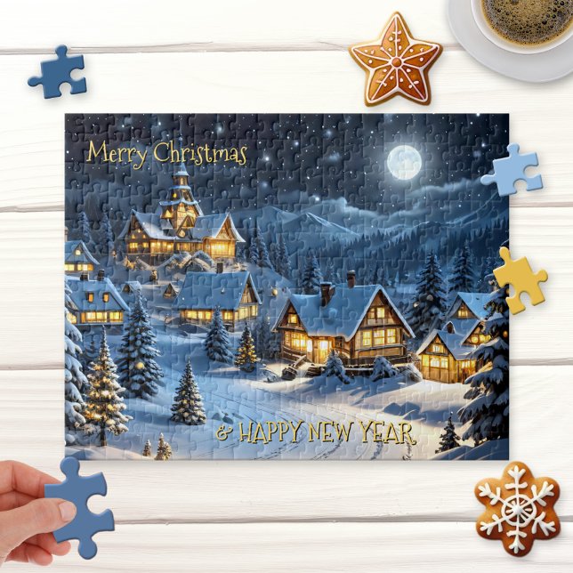 Magische Winter Wunderland Weihnachtspuzzle Puzzle (Puzzle featuring a peaceful illustration of a winter wonderland with festively lit Christmas trees)
