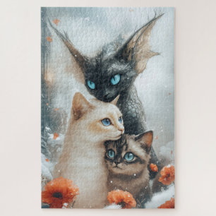 Magische Winterkatzen mit fantastischem Drachenwäc Puzzle