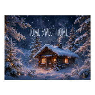 Magische Winternachts-Hütte im Wald Poster