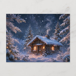 Magische Winternachts-Hütte im Wald Postkarte