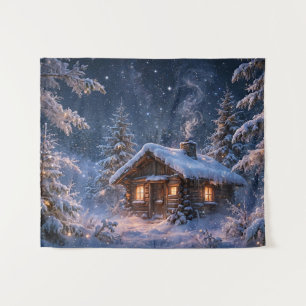 Magische Winternachts-Hütte im Wald Wandteppich