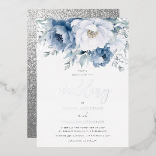 Magische Winterzeit Dusty Blue Hochzeit Silber Folieneinladung