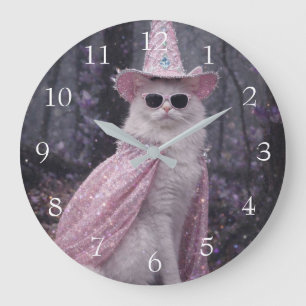 Magische Zauberkatze in funkelndem rosa Umhang und Große Wanduhr