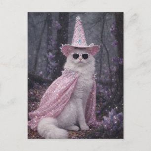 Magische Zauberkatze in funkelndem rosa Umhang und Postkarte