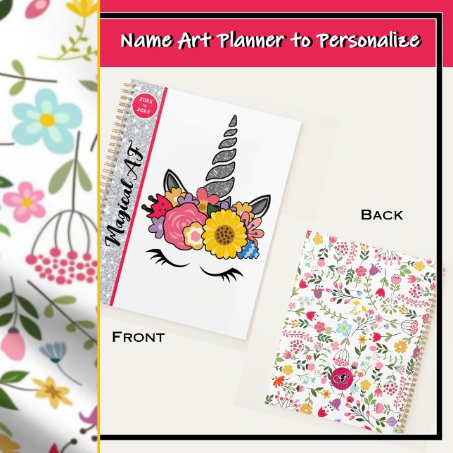 Magischer AF Glitzer Einhorn mit Blume Kronen Planer (Magical unicorn with silver glitter horn and a crown of colorful wildflowers - Magical AF)