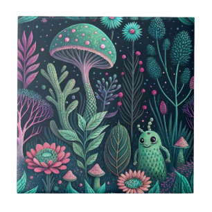 Magischer Alien-Pilz-Neonwald-Sci-Fi-Pattern Fliese