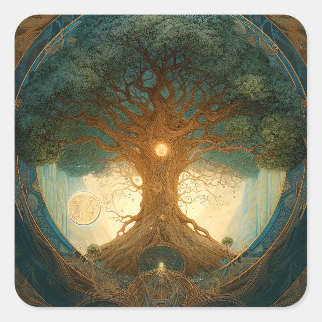 Magischer Baum des Lebens Surreale Natur Kunst Quadratischer Aufkleber (Vorderseite)