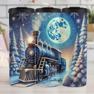 Magischer blauer Weihnachtszug Mondlichtszene Thermosbecher