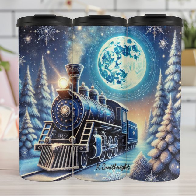 Magischer blauer Weihnachtszug Mondlichtszene Thermosbecher (Von Creator hochgeladen)