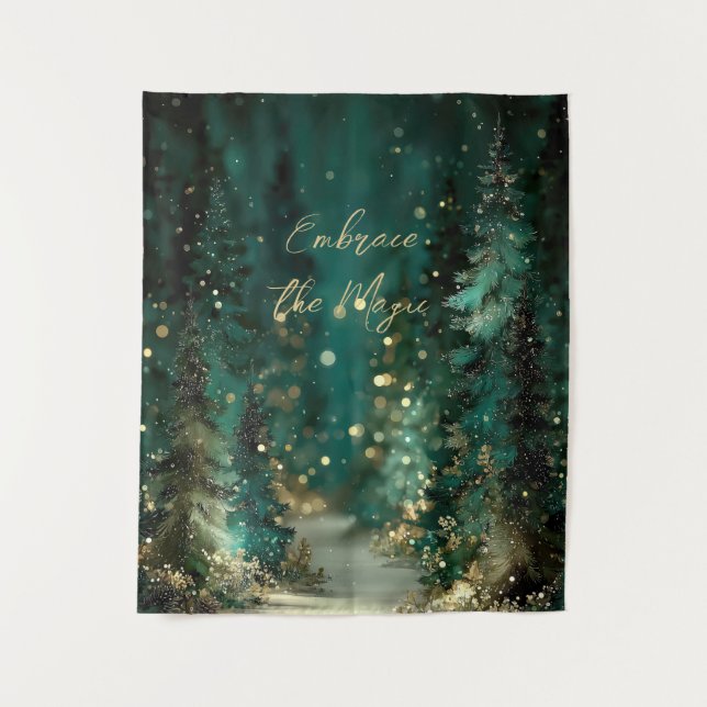 Magischer Blaugrüner Wald Gold Bokeh Wandteppich (Vorderseite)