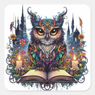Magischer Bücher-Owl Quadratischer Aufkleber