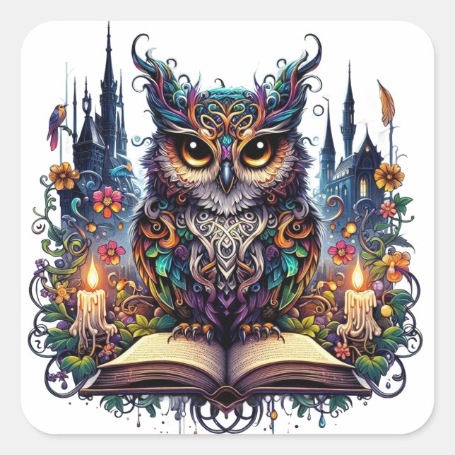 Magischer Bücher-Owl Quadratischer Aufkleber (Vorderseite)