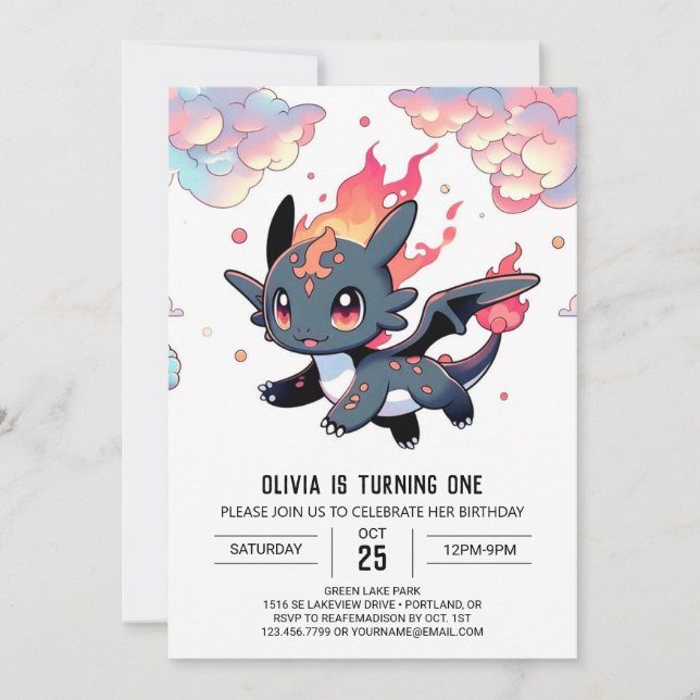 Magischer Drache 1. Geburtstag Einladung (Vorderseite)