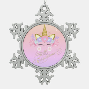 Magischer Einhorn-Blumenkranz, Frohe Weihnachten Schneeflocken Zinn-Ornament