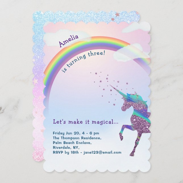 Magischer Einhorn, Regenbogen & Sterne Glitzer Geb Einladung (Vorne/Hinten)