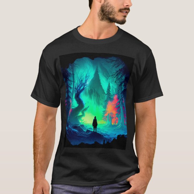 Magischer Eiswald mit Aurora Borealis im Bogen T-Shirt (Vorderseite)