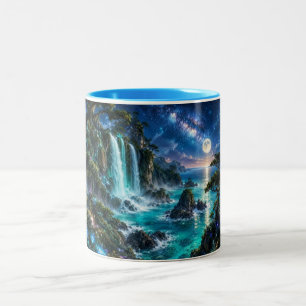Magischer Fantasy-Wasserfall an der Meeresküste un Zweifarbige Tasse