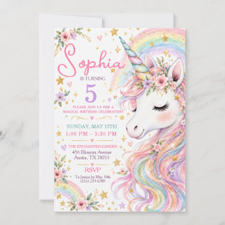 Magischer floraler Einhorn-Regenbogen-Geburtstag Einladung