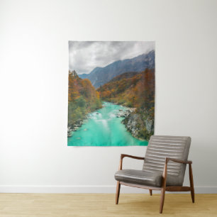 Magischer Fluss Soča bewölkt Herbsttag Slowenien Wandteppich