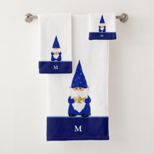 Magischer Gnom & Monogramm auf Blau und Weiß Badhandtuch Set