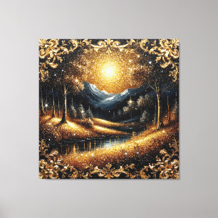 Magischer goldener Wald mit sonnenbeschienenen Ber Leinwanddruck