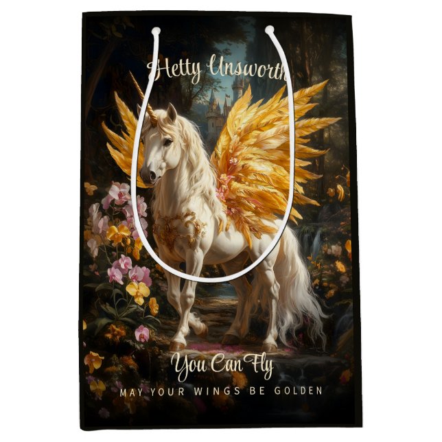 Magischer Goldener Wald Unicorn Fantasy Horst Mittlere Geschenktüte (Vorderseite)
