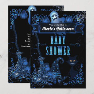 Magischer Halloween-Baby-Shower-Katze Blaue Glühli Einladung