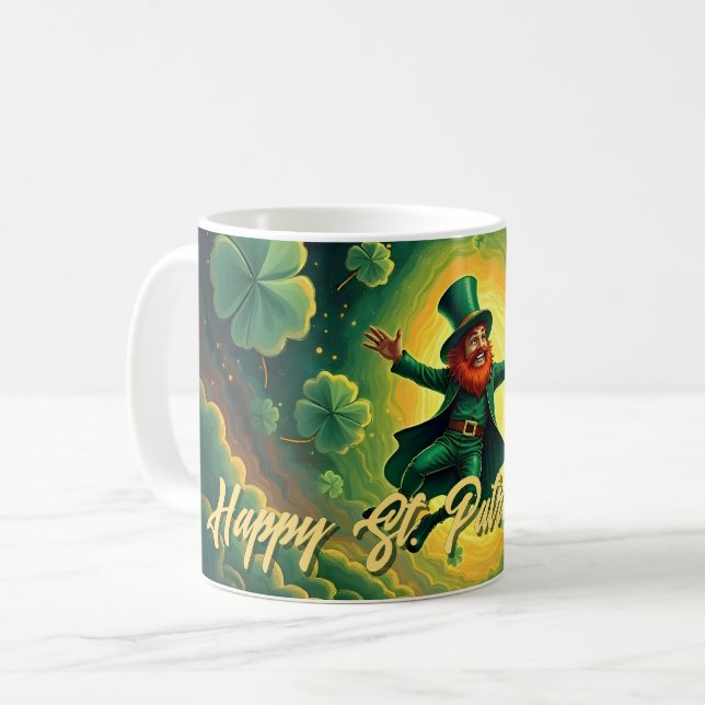 Magischer Leprechaun St. Patrick’s Day Kunst Kaffeetasse (Vorderseite Links)