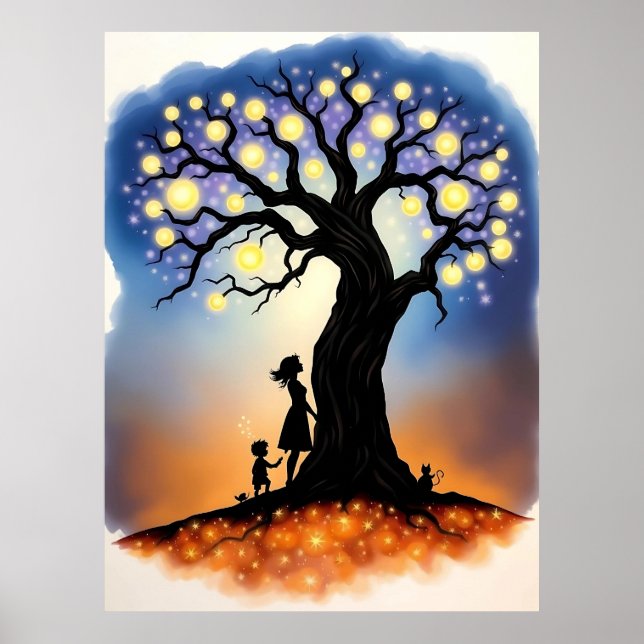 Magischer Lichtbaum mit Silhouetten Poster (Vorne)