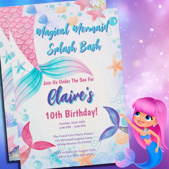 Magischer Meerjungfrau Schwanz Wasserfarbe Geburts Einladung (Magical Mermaid Birthday Party Invitation)