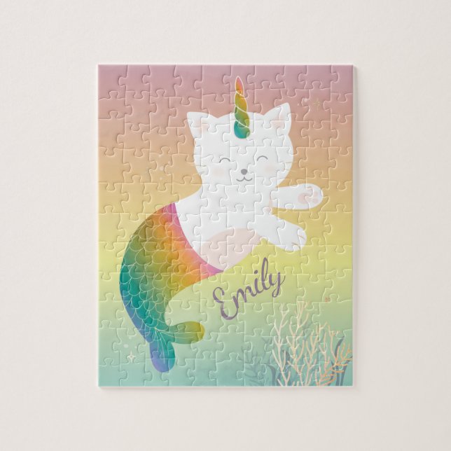 Magischer Mermaid Kitty Rainbow Glitzer Personalis Puzzle (Vertikal)