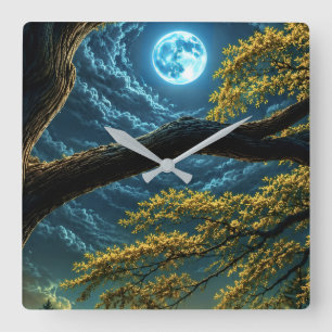 Magischer mondbeschienener Wald Wanduhr – Leuchten