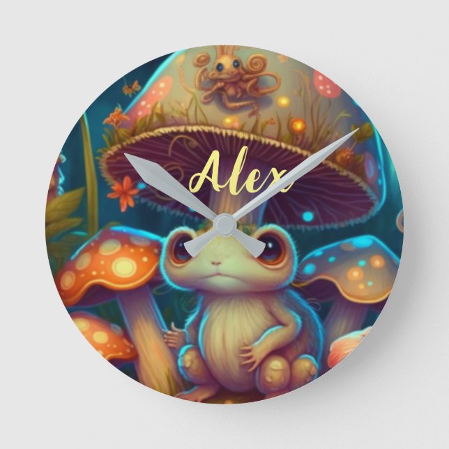 Magischer niedlicher Froschpilz Runde Wanduhr (Vorderseite)