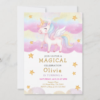 Magischer Pastell-Einhorn-Regenbogen-Party-Geburts Einladung