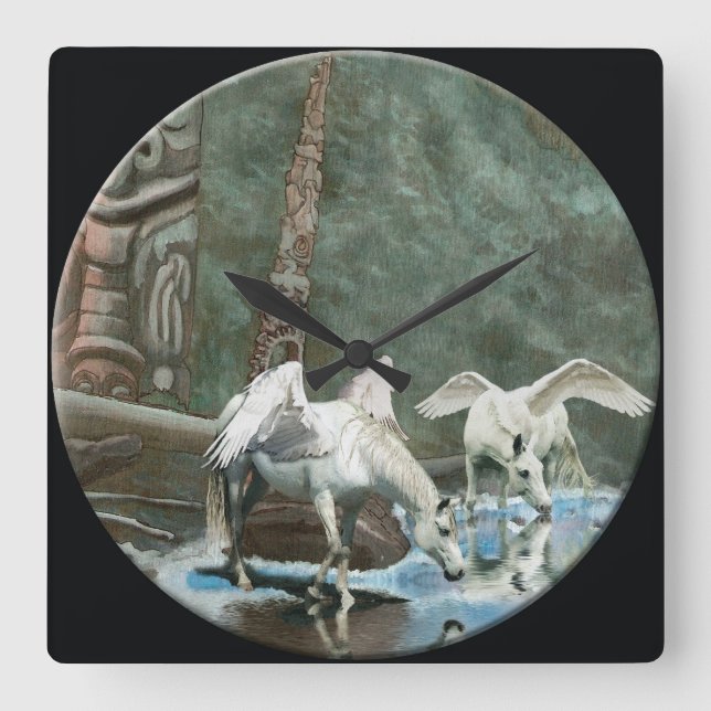 Magischer Pegasus und Totem Polen Kunst, Dichtung  Quadratische Wanduhr (Vorderseite)