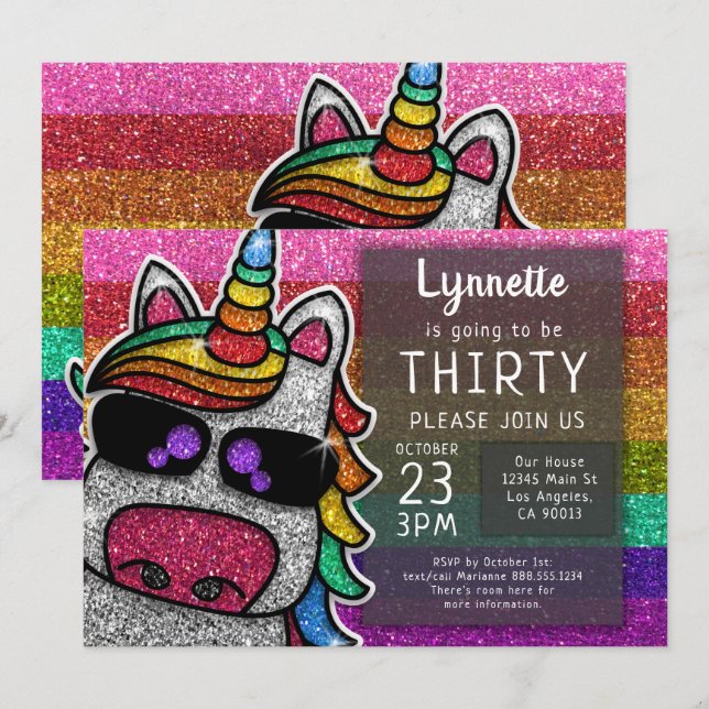 Magischer Regenbogen Einhorn Glitzer Whimsical Geb Einladung (Vorne/Hinten)