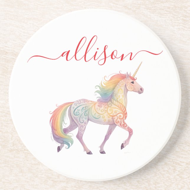 Magischer Regenbogen-Einhorn-Name Personalisiert  Getränkeuntersetzer (Vorne)
