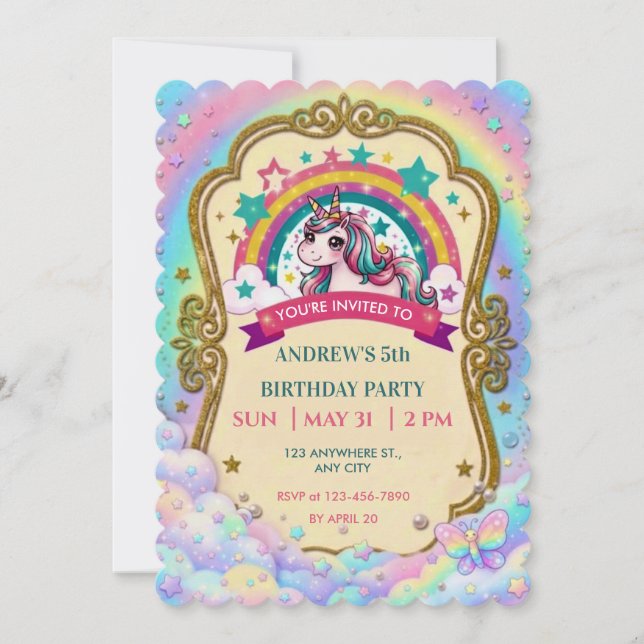 Magischer Regenbogen Einhorn Wolken Kinder Geburts Save The Date (Vorderseite)
