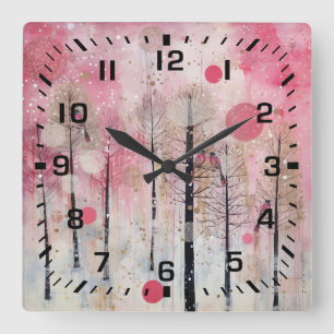 Magischer rosa Winter-Sangvogelschutz Quadratische Wanduhr