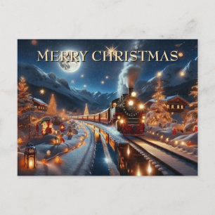 Magischer Schneebahn-Weihnachtszug-Winterszene Feiertagspostkarte
