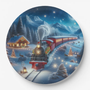 Magischer Schneebahn-Weihnachtszug-Winterszene Pappteller