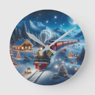 Magischer Schneebahn-Weihnachtszug-Winterszene Runde Wanduhr