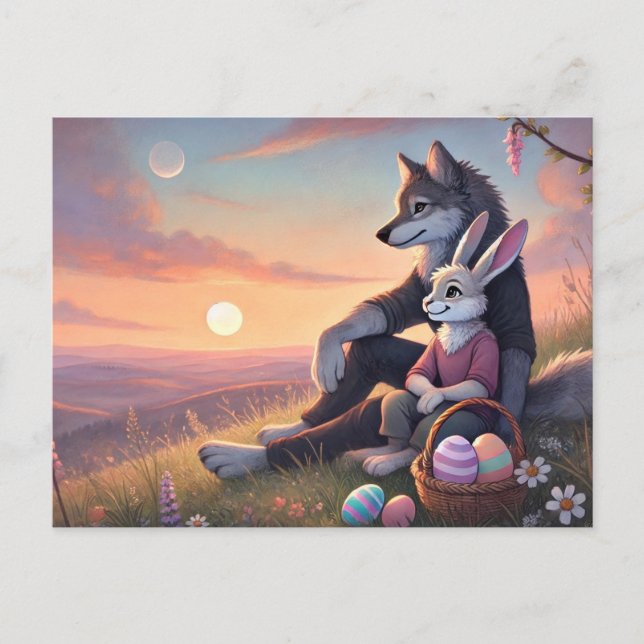 Magischer Sonnenuntergang - Wolf & Bunny Osterszen Feiertagspostkarte (Vorderseite)
