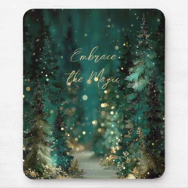 Magischer Türkisgrüner Wald Gold Bokeh Mousepad (Vorne)