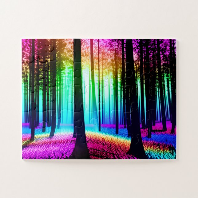 Magischer Wald mit Baumbestand-Silhouetten Puzzle (Horizontal)