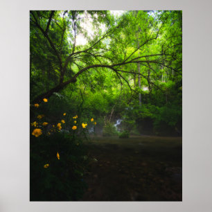 Magischer Wald mit gelben Blumen und Wasserfall Poster